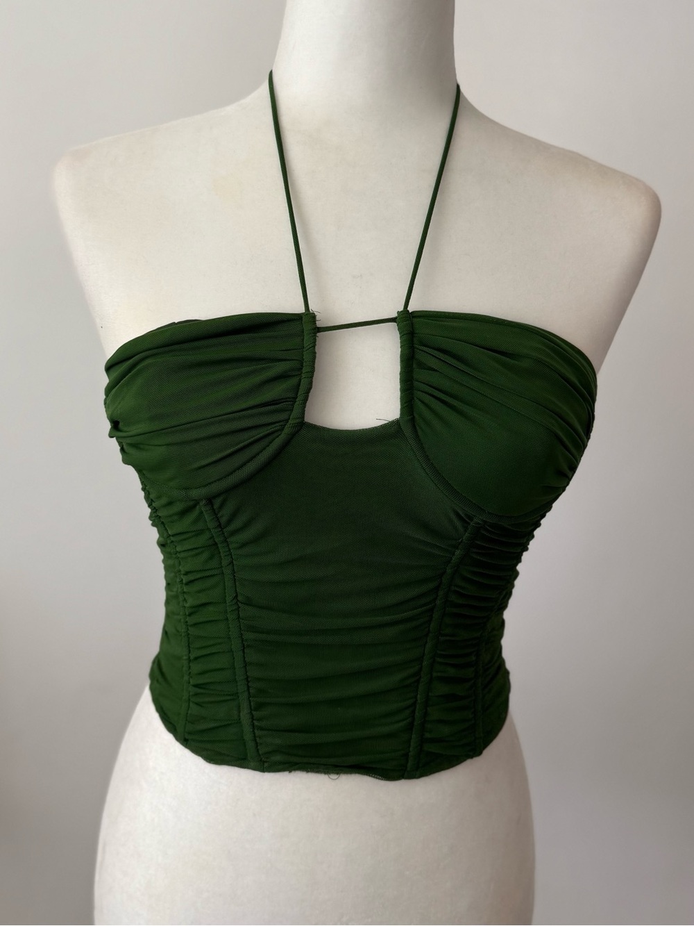 Fashion Nova Dark Green Ruched Halter Bustier Top